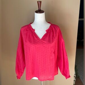 J Crew Womens Ruffle V Neck Blouse Top Size Large Pink Swiss Dot Peasant Sleeve